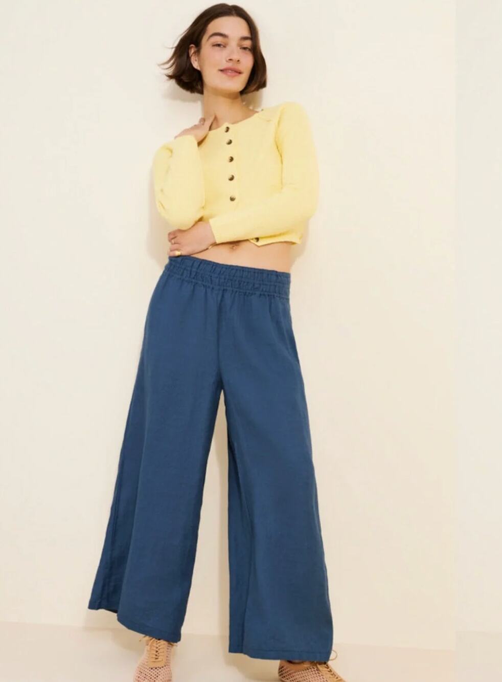 Anthropologie Womens Trouser Pants L Somerset 100% Linen Blue Wide Leg Pull-On